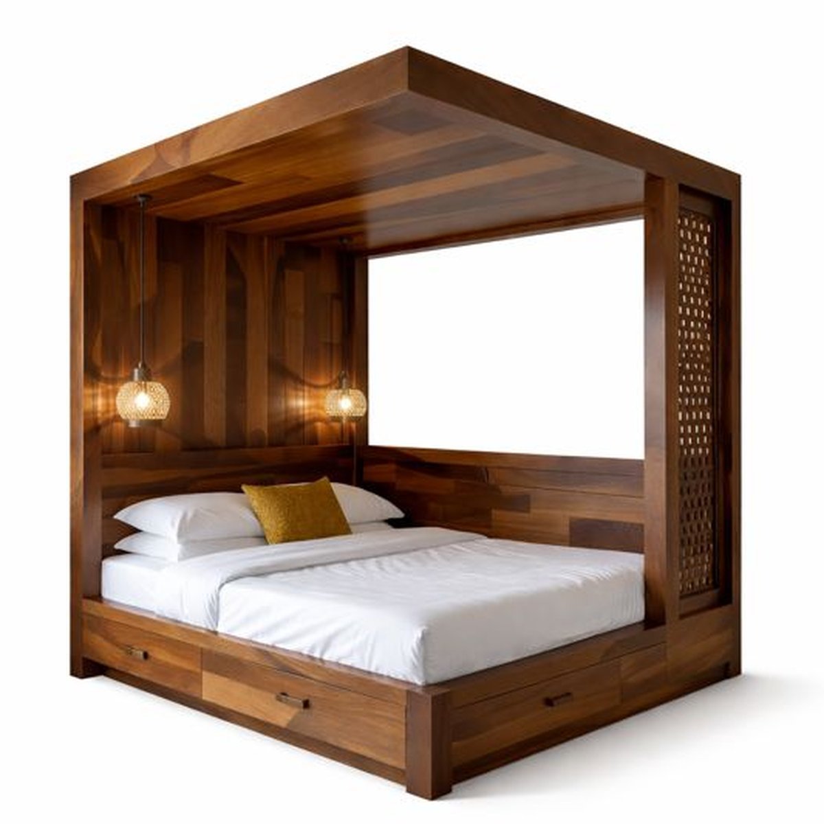 Modern Solid Wood Canopy Bed Frame with Integrated Lighting & Storage - image 2