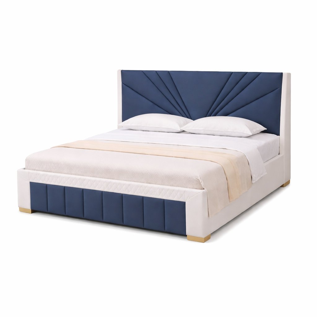 Modern Upholstered Bed Frame with Fan-Pattern Headboard & Contrast Panel Base - image 2