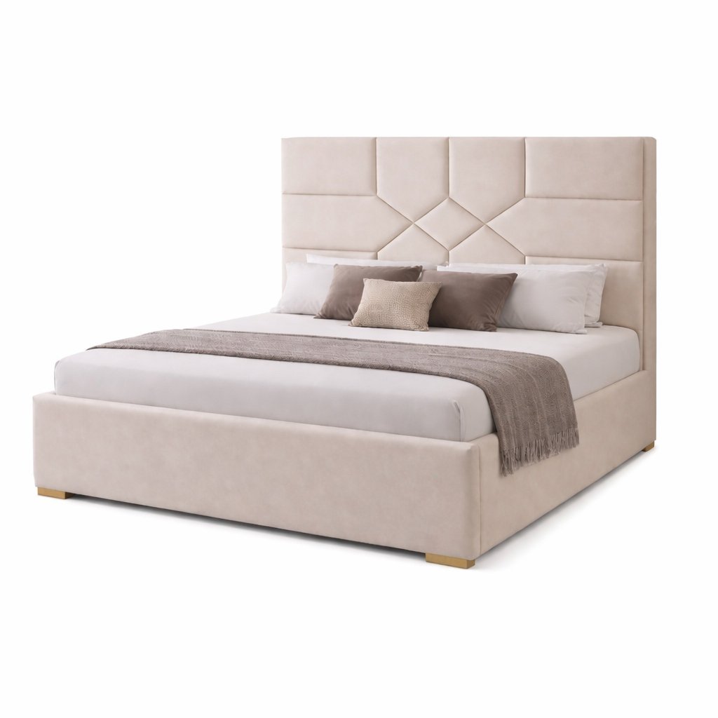 Modern Upholstered Bed Frame with Geometric Panel Headboard & Clean Box Base - image 2