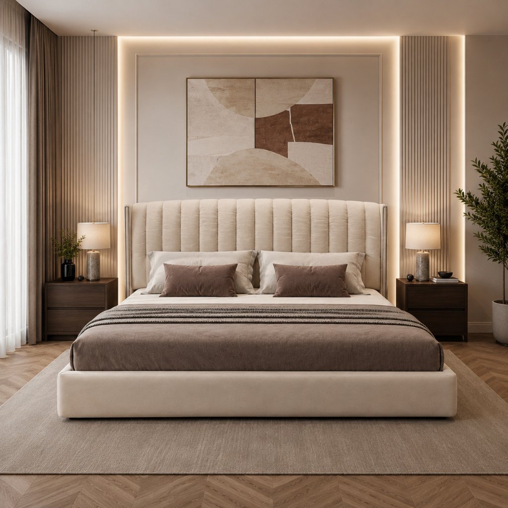 Serene Luxe Upholstered Bed with Designer Wall Panel