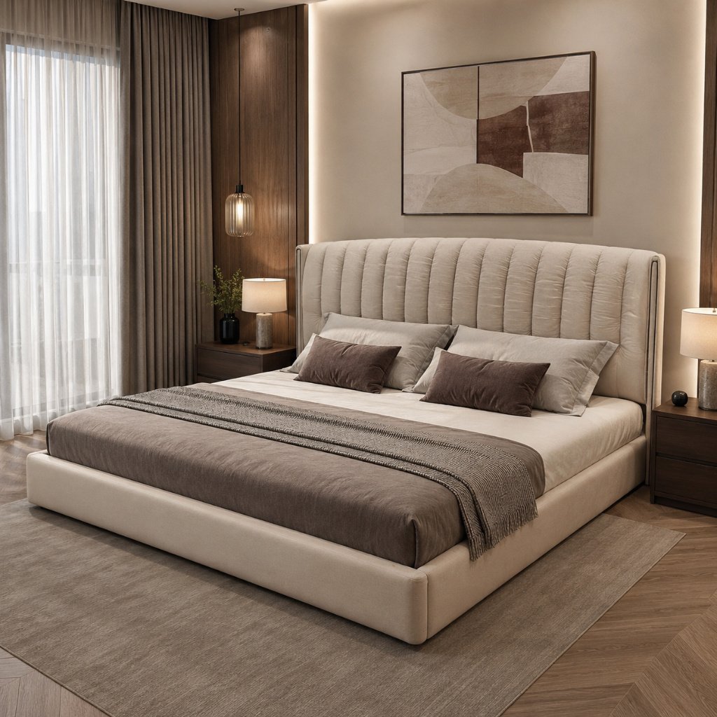 Serene Luxe Upholstered Bed with Designer Wall Panel - image 2